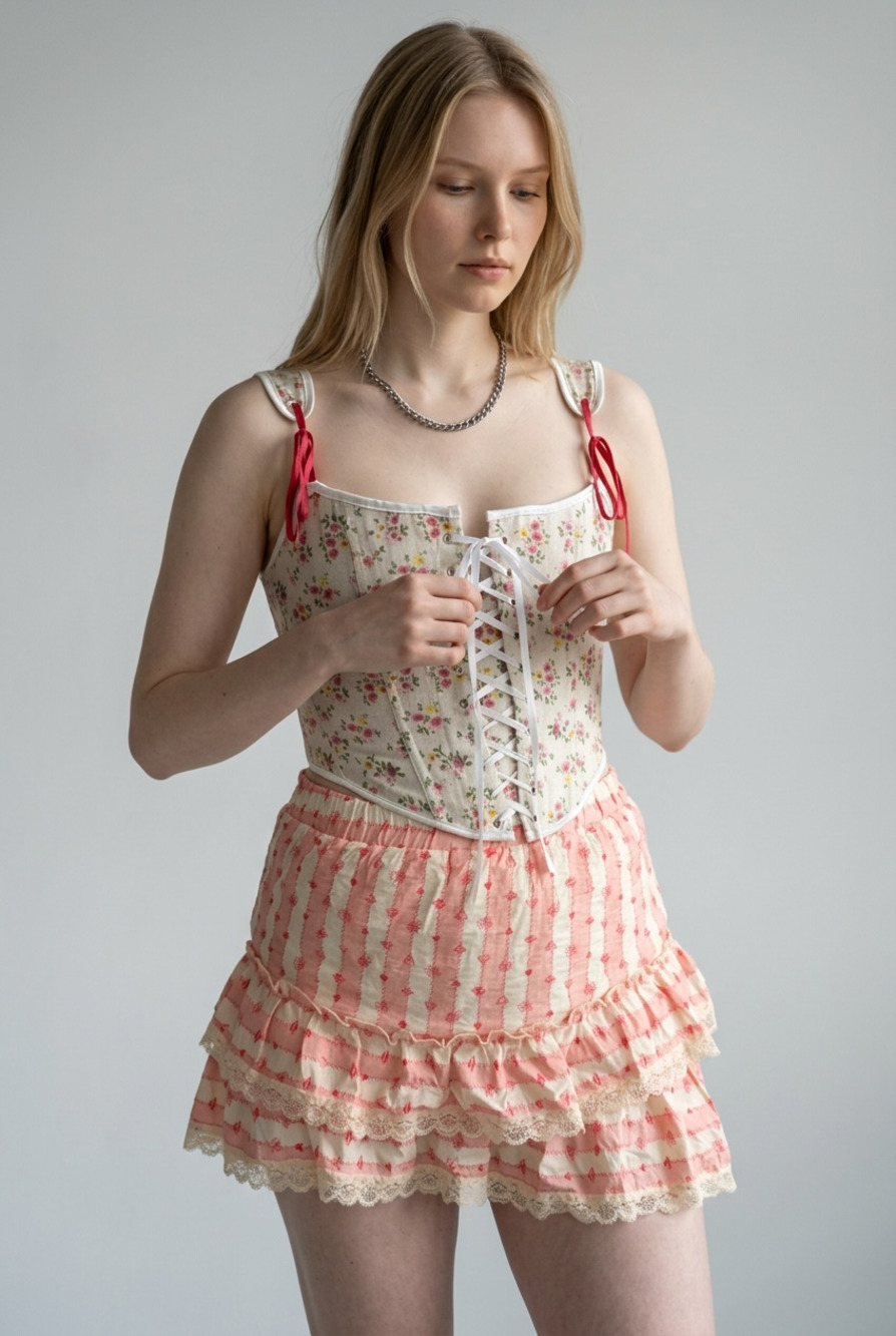 Scarlet Darkness Renaissance Floral Pointed Hem Lace-Up Corset Top